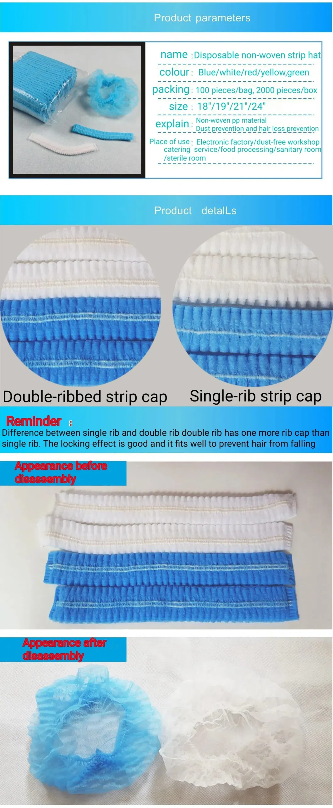 Surgical Strip Clip Caps Disposable Medical Hair Cover Nonwoven Bouffant Cap