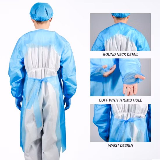 노란색/파란색 AAMI: Pb70 레벨 2 레벨 3 SMS 45 GSM /PP/PE/CPE& XXL Xxxl 크기 FDA, CE가 포함된 일회용 방수 절연 가운